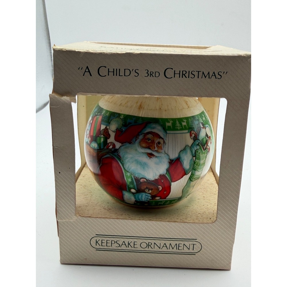 Vintage 1983 Hallmark Keepsake Ornament A Childs 3rd Christmas Santa Satin Ball